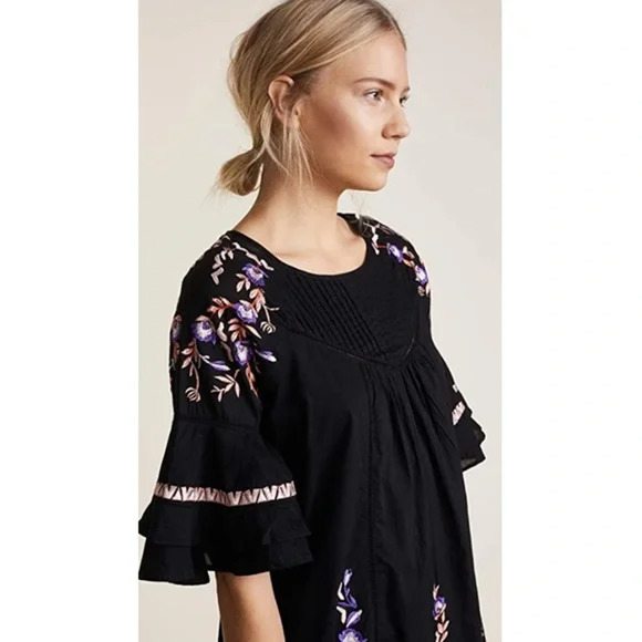 Free People Dress Medium Black Pavlo Emroidered Smock Short Sleeve A-Line Boho - Picture 7 of 13